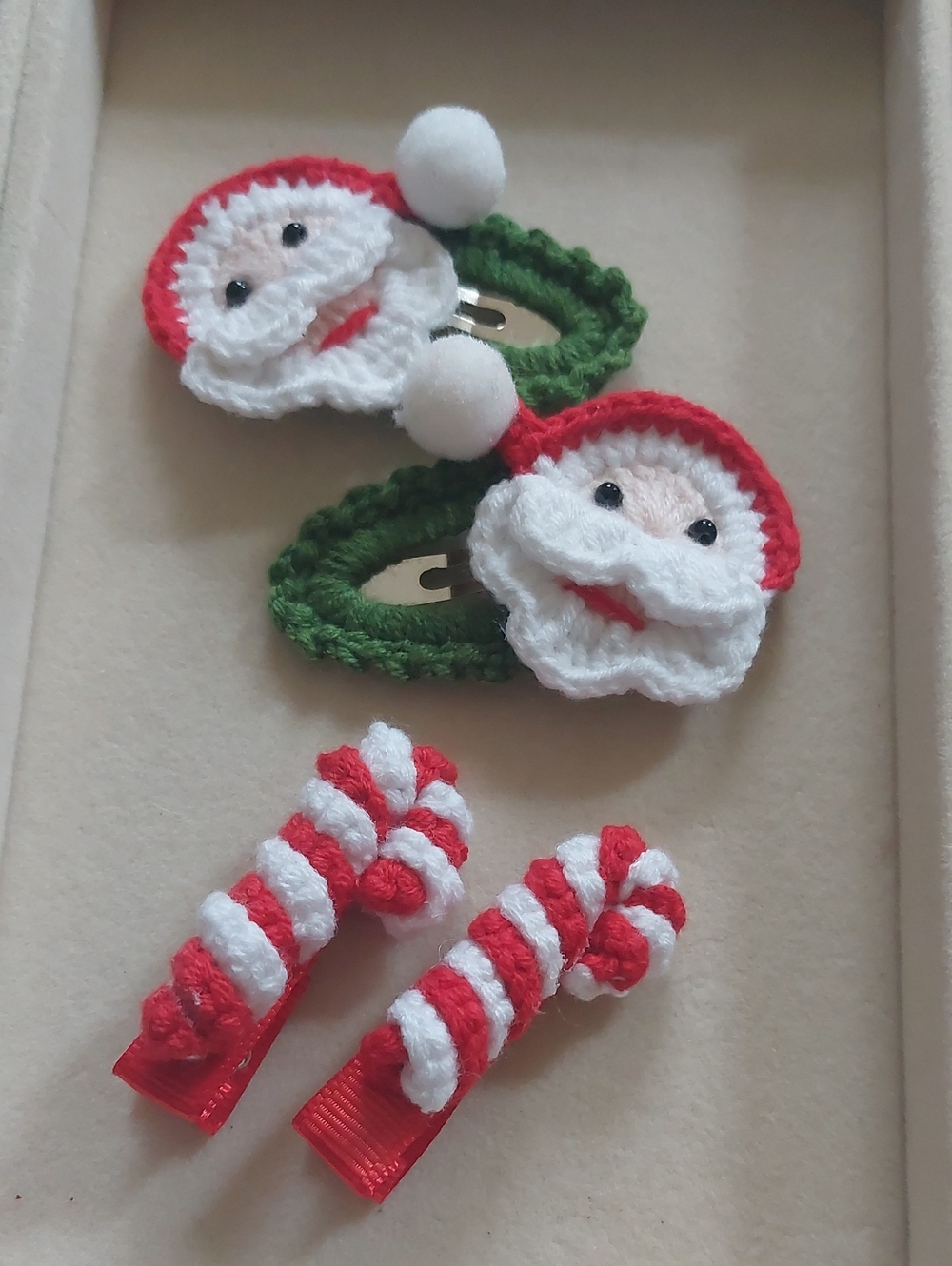 Handmade Crochet Christmas Hair Clip Set • Santa & Candy Cane